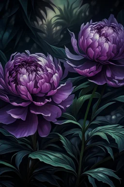 Watercolor dark purple peony bush, many leaves, ultra-detailed plant, summer, sun, evening, rain, beautiful landscape, fog, many details, subtle sensuality, realism, high quality, 3d, work of art, hyperdetalization, professionally, filigree, misty haze, hyperrealism, professionally, transparency, delicate pastel tones, backlight. The contrast is fantastic, unreal, translucent, luminous, clear lines