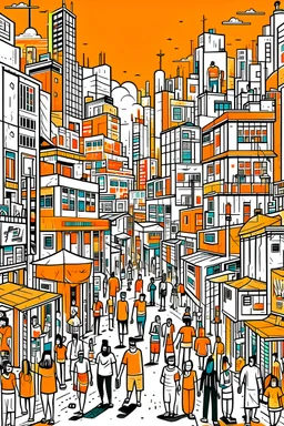 An illustration about a caotic city with a lot of elements, people, situation using only 2 colors