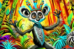 surreal, vibrant digital artwork featuring king Julien the lemur dancing with his tail held up high, with intricate abstract patterns and motifs swirling around them. striking facial features, wearing a crown made of skulls. dancing to "you gota to move it" in Disney style Madagascar