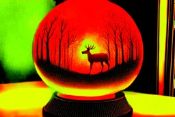 a globe made of glowing orange-red salt material covered in gold lace, about 60% of which is visible, with a glowing light inside, double exposure, in the foreground a black silhouette of a deer jumping dynamically, in the background a landscape with a beautiful forest and a waterfall in the sunlight