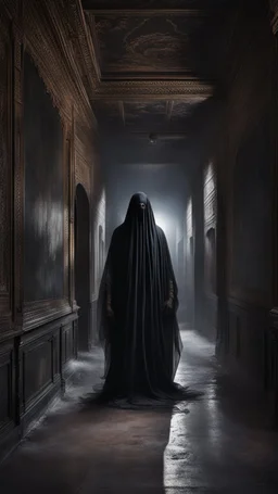 Hyper Realistic transparent black ghost between a huge dark hallway of a historical Indian palace with peeling wall paints at night