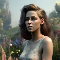 pixar style, volumetric summer garden environment and background, realistic painting of Kristen Stewart, looking excited, volumetric lighting, dramatic lighting, detailed digital painting, extreme dense and fine fur, anime, ornate, colour-washed colors, elegant, small minutiae, tiny features, particulars, centered, smooth, sharp focus, renderman gofur render, 8k, uhd, detailed eyes, realistic shaded volumetric lighting, sunlight caustics, backlight, centered camera view