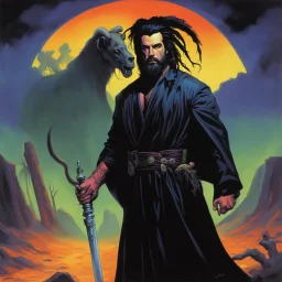 Art by Steve Rude: John Travolta Zombie with black dreads and black wild beard as a fantasy necromancer holding a glowing black ram staff and wearing black magic robes