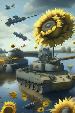 all kinds of guns and missiles in gray lake with bridge of sunflowers and tanks