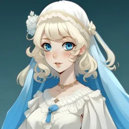 Ghibli style of a 14 old girl with blonde knee-length hair, blue eyes, with heavy eye bags, in a white Victorian gown and a white laced veil on top of her head.