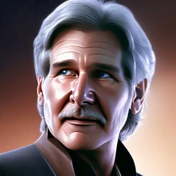 handsome cosmic harrison ford, white hair in the wind, brown eyes, star wars outfit, perfect composition, super detailed, 8k, high quality, intricate details, highly detailed, lights in background, octane render