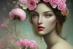 A beautiful woman's face, Neo-Surrealism, artists Salvador Dali, Dominique Appia, David Lynch, Victo Ngai, Mark Ryden, imperial colors, flower hat, gorgeous skin tones, pink lips, green eyes