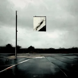 Minimal contemporary abstract oil paintings of desolate 1960s carpark with road markings and concrete fragments. Overlay with grungy typography graphics. style of Justin Mortimer and Francis Bacon.