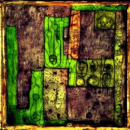 Patchwork pandemonium, portrait in plutonium, patina of ancient stone with moss, art brut, moody, somber, desaturated colors, in the style of Paul Klee, Arthur Rackham