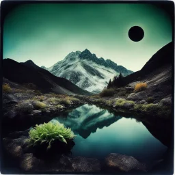 Sublime foto close-up polaroid ad alta definizione di una montagna rocciosa, un lago, surreale, colors, cityscape scifi, collage art, dadaism, sublime, splimapys nero, cielo nero, acqua nera riflette un sole nero, macabre piante circondano il lago, alghe, hypermaximalist, strangeness, intricate, hypnotic, obsessive, 8k, deep 3d field, very accentuated details of the rocks and sht frn, eerie, artistic photo, shot on Hasselblad, large format film, medium format film