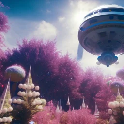 Spaceship landed on futuristic planet, sunny day. clear blue sky, cascade, flowers. Elegant. Extremely detailed. Award winning photography. Fantasy. 8k. Cinematic lighting. Photorealistic. Dynamic lighting. Imperial colors. Crisp quality. Unreal Engine. Colourful cinematic postprocessing. Pixar. VRay.