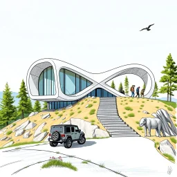 Architectural drawing of a futuristic cabin with a shape inspired by the infinity symbol in plan and the cross in elevation. Glass facades are sandwiched between the curved walls, which are steps leading up to a terrace. There is a driveway leading to the house on the side of the hill, with a luxury jeep parked. There are hikers in the distance and the silhouette of a bird in the clear blue sky and summer weather. green trees