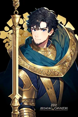 A handsome 30 year old knight, black hair, dark blue eyes, male shaggy haircut, in black-and-gold plate armor, no beard, european, portrait