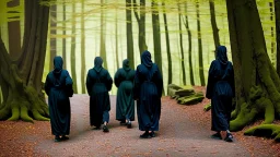 black robe hooded monks on the forest path