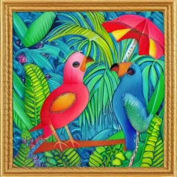 Two birds in love, finely detailed, colorful, tropical, raining