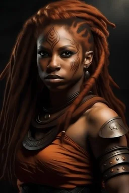 Photo style Fantasy barbarian warrior woman with dark skin and light ginger dreadlocks