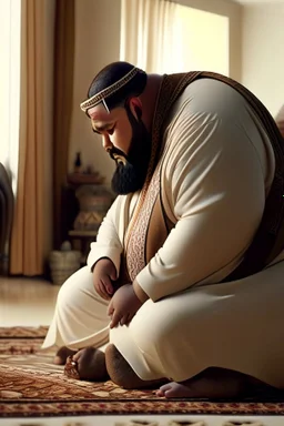 close up photography of a Burly arab 26 year old stocky short chubby man on his knees, short beard, dressed in an brown economic traditional caftan with pants and sandals, photorealistic, ambient occlusion, in a simple living room, ambient occlusion, side view from the bottom