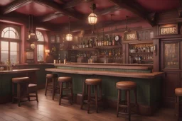 photorealistic view of a pub in the style of wes anderson, 8k, finecraft