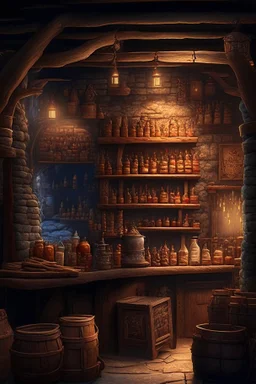 inside of a medieval shop, wooden walls, log pillars, stone bar with shop keeper behind it, magical ingredients on display and weapons on display