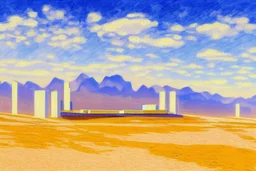 Sunny spring day, Futuristic buildings near the desert, impressionism painting