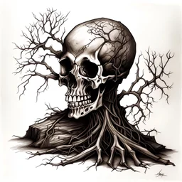 hiAn skull drawing, tree roots , dead tree