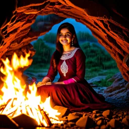 Hyper Realistic Photographic Outside View Of A Gorgeous Pashto Girl (Wearing Simple Burgundy Colored Dress With White Embroidery & Wearing Pink Dupatta On Her Neck) Happily Sitting & Smiling Boldy In A Cave With Little-Bonfire, With Heavy Rain Outside Cave With Glowing Little Crystals) Showing Dramatic & Cinematic Ambiance.