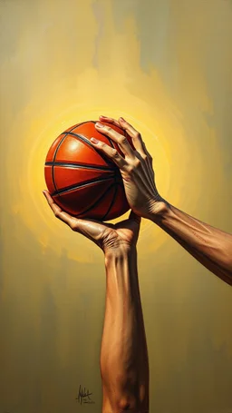 Bosch style painting , 3D hands holding a basketball
