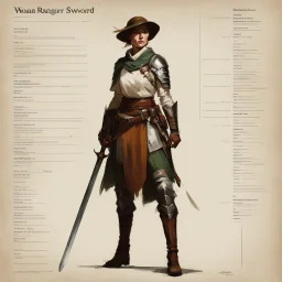 ConceptSheet [by Guy Borremans]: woman ranger and her broad sword with AD&D statistics