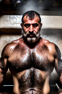 full figure shot photography, drunk beefy burly sweaty wet angry turkish man, muscular masculine hairy 39 year old man, short curly hair , tattoo, long beard, hands behind the head, big shoulders, big arms, furious eyes, ambient occlusion , lying down in a steamy Roman Sauna, open legs, under the shower opened, super high resolution, 8k, cinematic light, ultra hyper realistic, frontal view from the bottom,