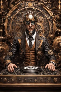 Front view Photography Realistic HD Natural Beauty Steampunk classic full mechanical man as dj player, abstract background