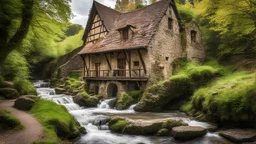 a charming medieval mill beside a bubbling brook, natural light, perfect composition