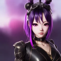 Detailed cute anime Kunoichi girl, purple hair buns, purple bangs, black latex bodysuit, intricate details, full body portrait, keep head in frame, slight smile, black Japanese motif, concept art, highly detailed, digital painting, concept art, sharp focus, illustration, art by Yoji Shinkawa, WLOP and greg rutkowski and alphonse mucha and artgerm and yanjun Chen and Junji ito and Makoto Shinkai, HDR, octane render