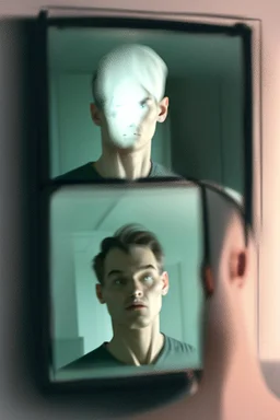 a man looking into a mirror and seeing a horrifying, abstract ghostly reflection