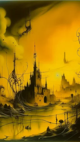 A yellow spooky haunted glowing electrical city painted by Salvador Dali