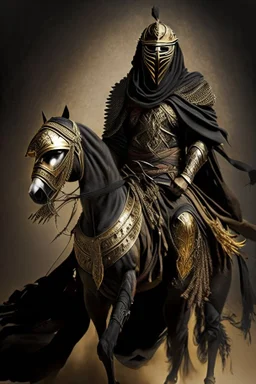 Arab warrior Full Body Full Armored Wearing Face Mask Iron Masculine Mysterious Powerful Fantasy High Quality Carrying his bow Golden clothes His horse behind him