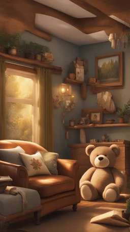 a living room filled with furniture and a teddy bear, cozy home background, cozy living room background, cute room, thomas kinkade. cute cozy room, warm interiors, cozy calm! fabrics textiles, cozy wallpaper, personal room background, interior design background, interior decoration, homely atmosphere, a room, cozy and peaceful atmosphere, furnished room, popular interior design style