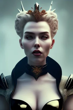 Hannah Waddingham as evil queen in black leather, busty, cleavage, dominatrix, curvy, angry, stern look. character design by cory loftis, fenghua zhong, ryohei hase, ismail inceoglu and ruan jia. unreal engine 5, artistic lighting, highly detailed, photorealistic, fantasy