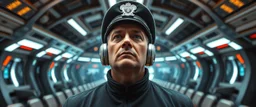 portrait of captain, in sci fi air ship waiting hall, in future dynasty