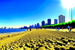 Sunny day, people, rocks, sand, distant modern city