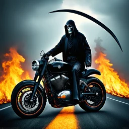 occult transience, Grim Reaper with scythe on a motorcycle on surreal burning highway, failing the reality test, horror poster, sinister, profound, fantastical, by Ben Goossens