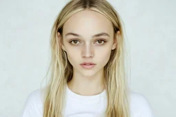 Polaroid, lilyrose Depp, cheveux long blonds sésans frange, yeux marron, petit nez, t-shirt blanc, fond blanc