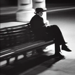 humphrey bogart sitting on a bench in new york city at night, dramatic, dramatic lighting, volumetric lighting, hyperrealism, 8k, high quality, photorealistic, lot of details