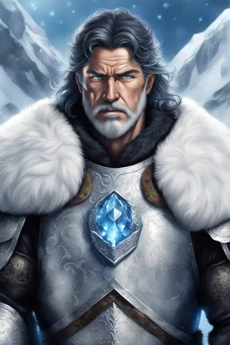 1older man, with blue eyes and black hair man in silver Viking armor with fur around the neck with blue crystal on his chest , in the artic, warrior in anime style,