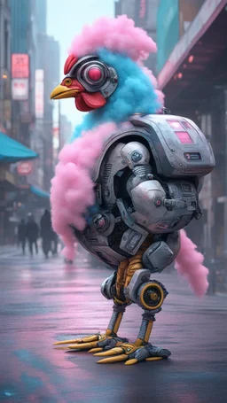 CHICKEN robot made of cotton candy, sci-fi, cyberpunk, full body, ultra realistic, virtual reality, cyberpunk city and colors