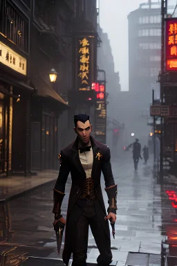 Werewolf in a suit walking the streets of Soho in the rain. He's holding a resraurant menu in his hand. There is a Chinese restaurant called Lee Ho Fuk's in the background. Photograph.