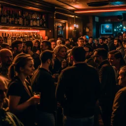 a crowded bar at night, lots of people, focus on a lonely person against the wall