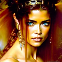 portrait beautiful face Denise Richards, busty,ancient metal armor balanciaga fashion clothe painting by gaston bussiere, greg rutkowski, yoji shinkawa, yoshitaka amano, tsutomu nihei, donato giancola, tim hildebrandt, oil on canvas, cinematic composition, extreme detail,fit full head inside picture,16k