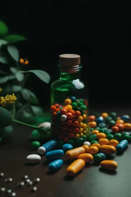 Pills spilling from bottle (add some plants in the background)