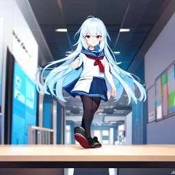 Clear focus, High resolution, long fluffy light blue hair, hair between eyes, long locks, wearing a sailor uniform, wearing a sailor skirt, long black socks, 1girl, cartoon, cute, UNFOTABLE studio, red tie, walking, outside setting