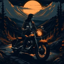 crear una obra que refleje ese estilo de Norah Borges de una mujer manejando una Harley Davidson entre paisaje montañoso de noche